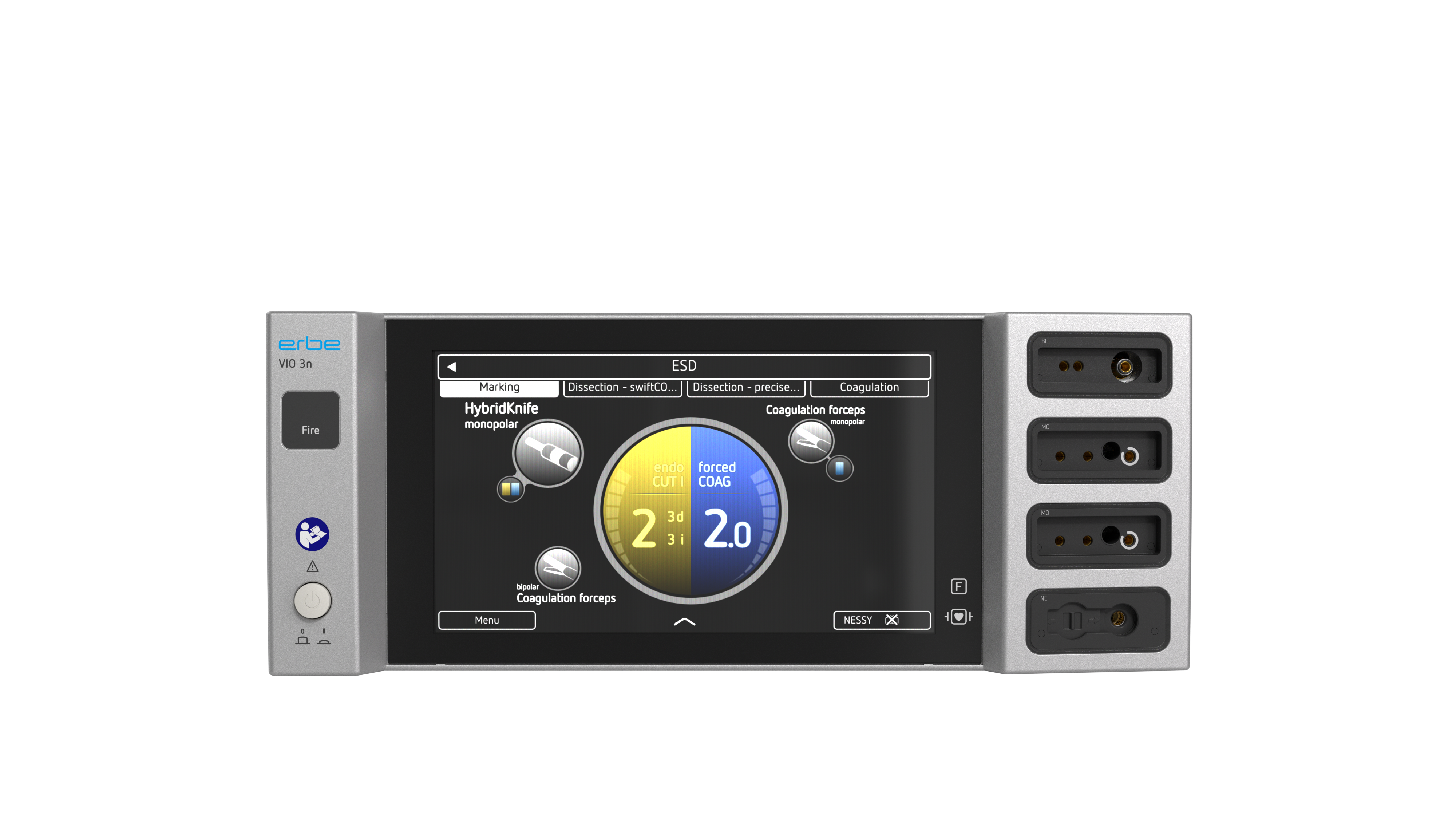 VIO® 3n Fire electrosurgical generator with display activated, showing selected modes endoCUT and forcedCOAG on the user interface.