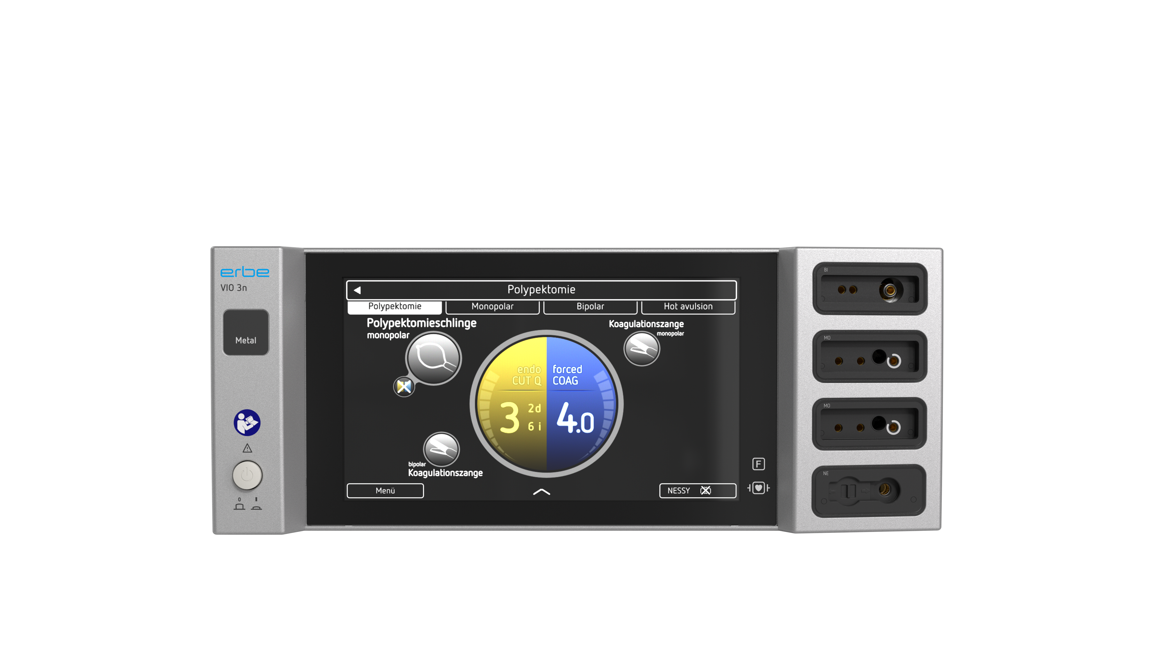VIO® 3n Metal electrosurgical generator with illuminated display showing endCUT Q and forcedCOAG modes on the user interface.